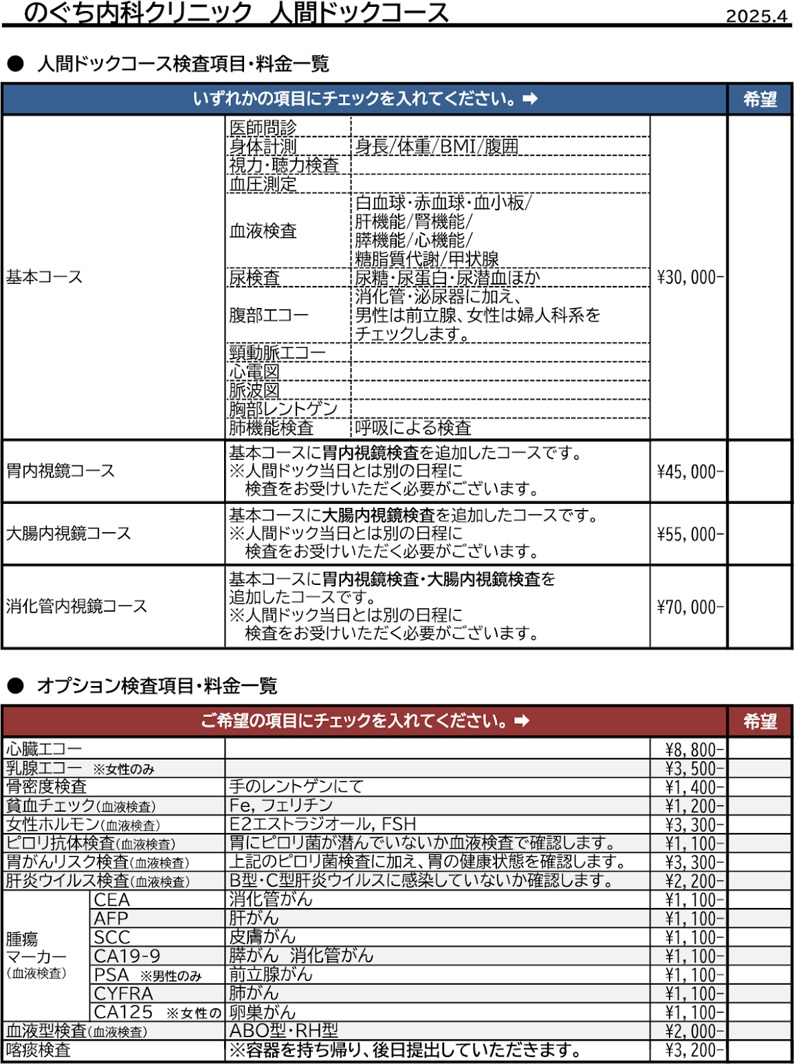 のぐち内科クリニック　人間ドックコース